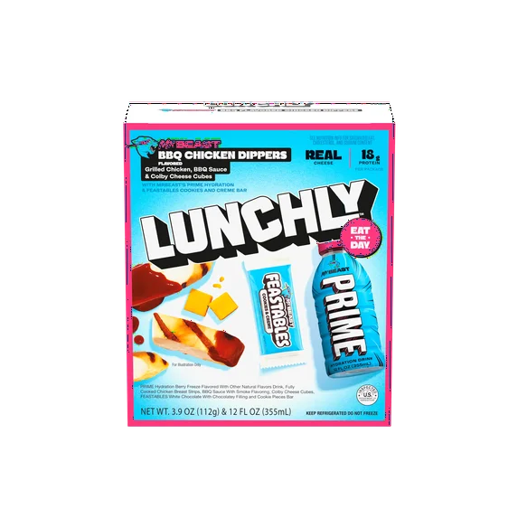 z Lunchly Meal Kit, Mr Beast BBQ Chicken Dippers with Feastables Chocolate and Prime Hydration - Image 1